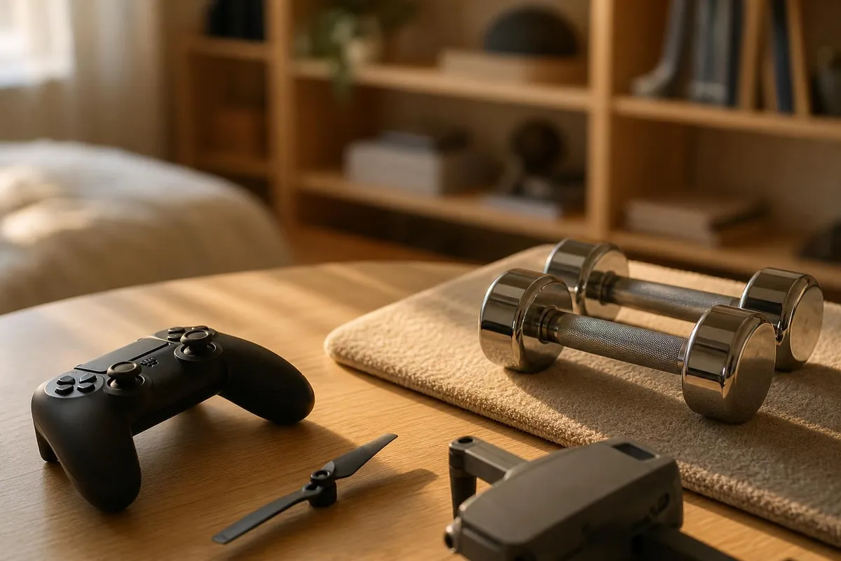 Une manette de console, une hélice de drone et une paire d'haltères courts posées sur un tapis de chambre