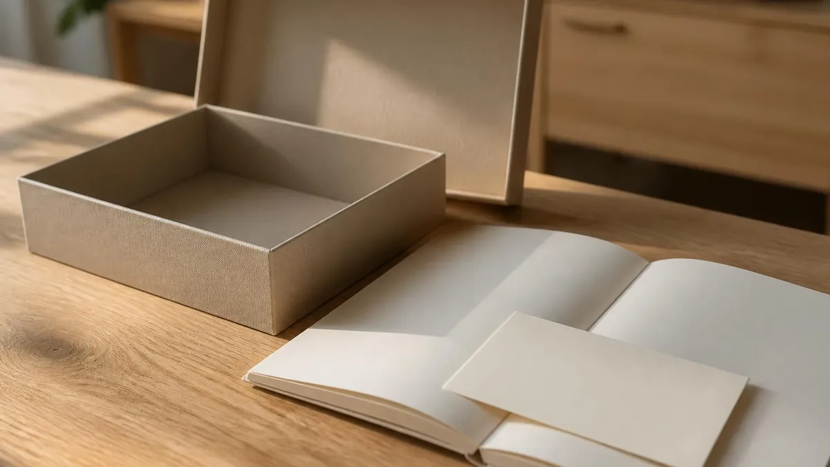 Un coffret cadeau ouvert sur une table, son chèque cadeau et son livret de partenaires posés à côté