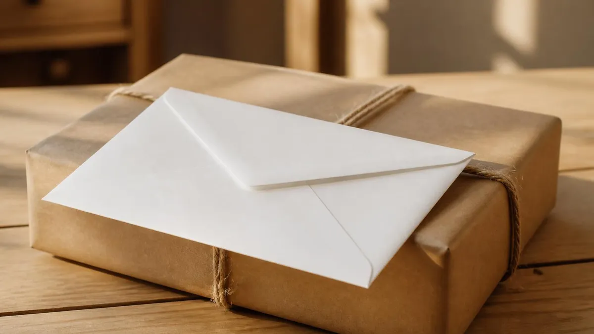 Une enveloppe blanche fermée posée sur un paquet cadeau, sur une table en bois