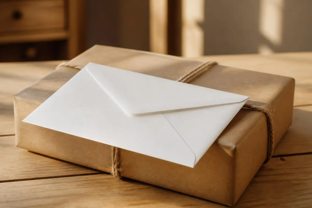 Une enveloppe blanche fermée posée sur un paquet cadeau, sur une table en bois