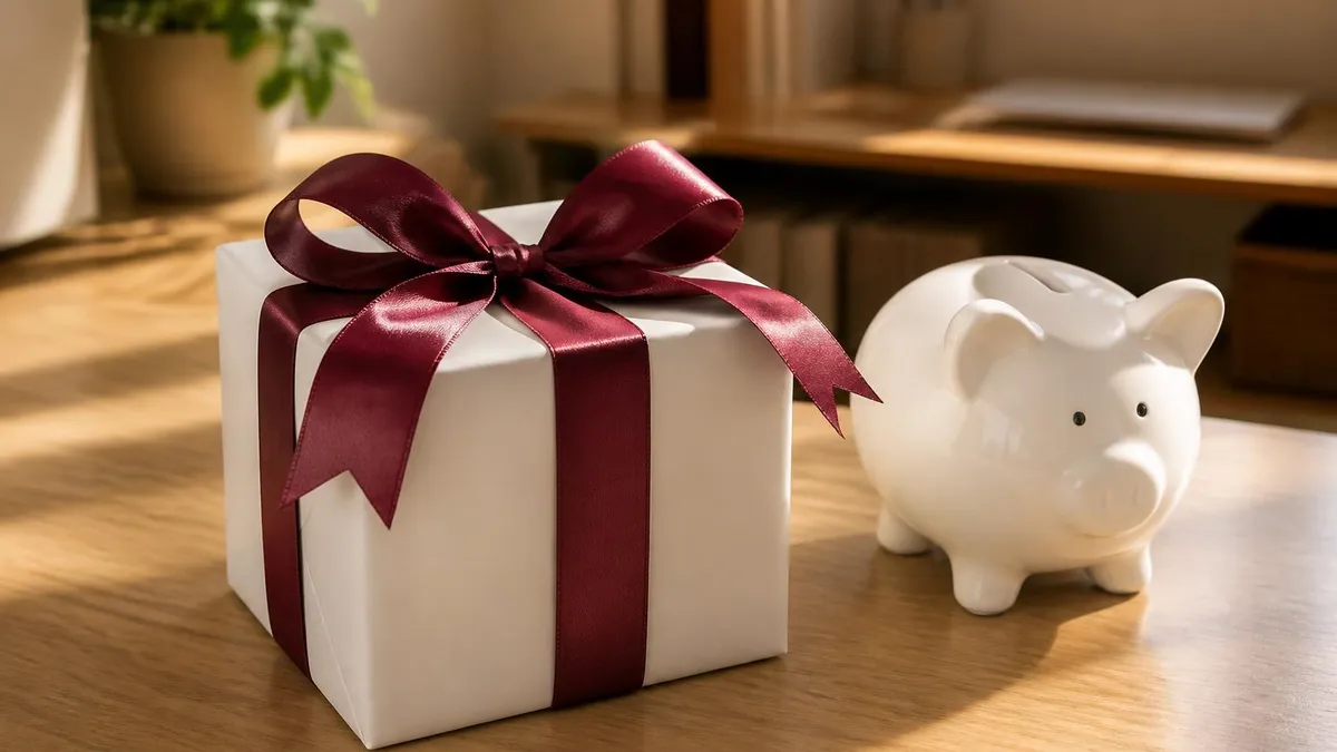 Un paquet cadeau noué d'un ruban de satin posé à côté d'une tirelire en céramique sur une table en chêne clair