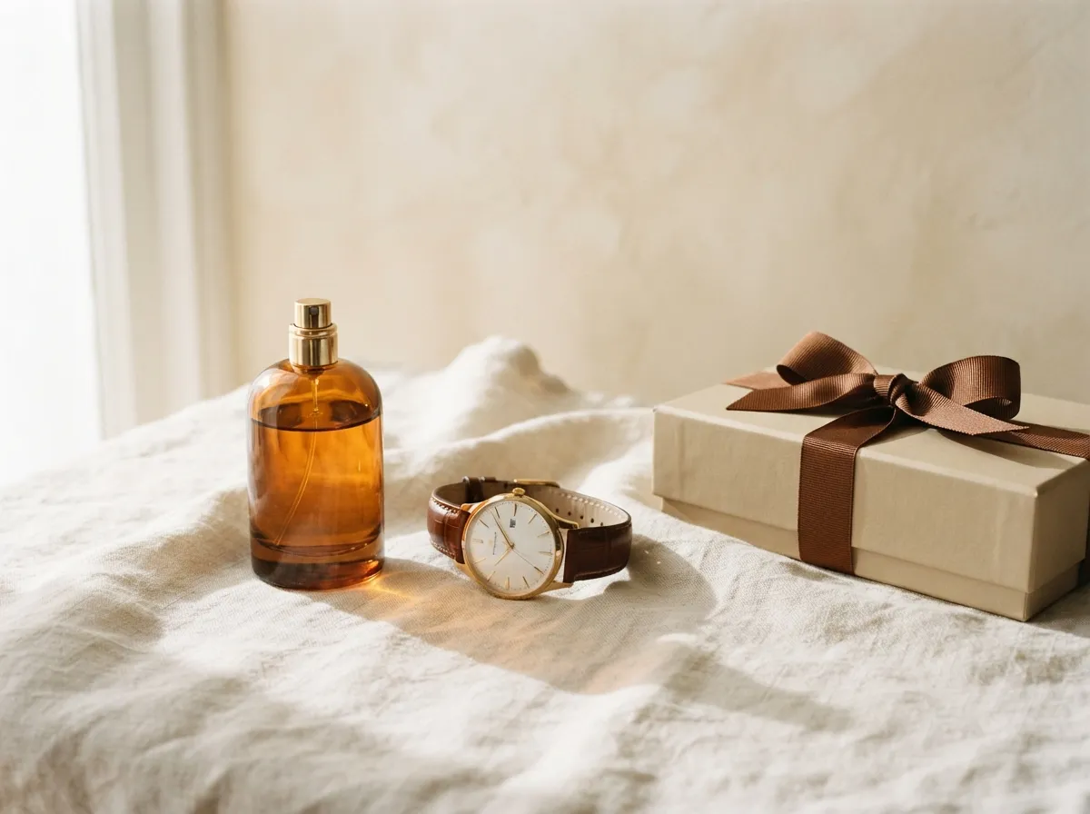 Parfum, montre et boîte cadeau posés sur un drapé de lin crème